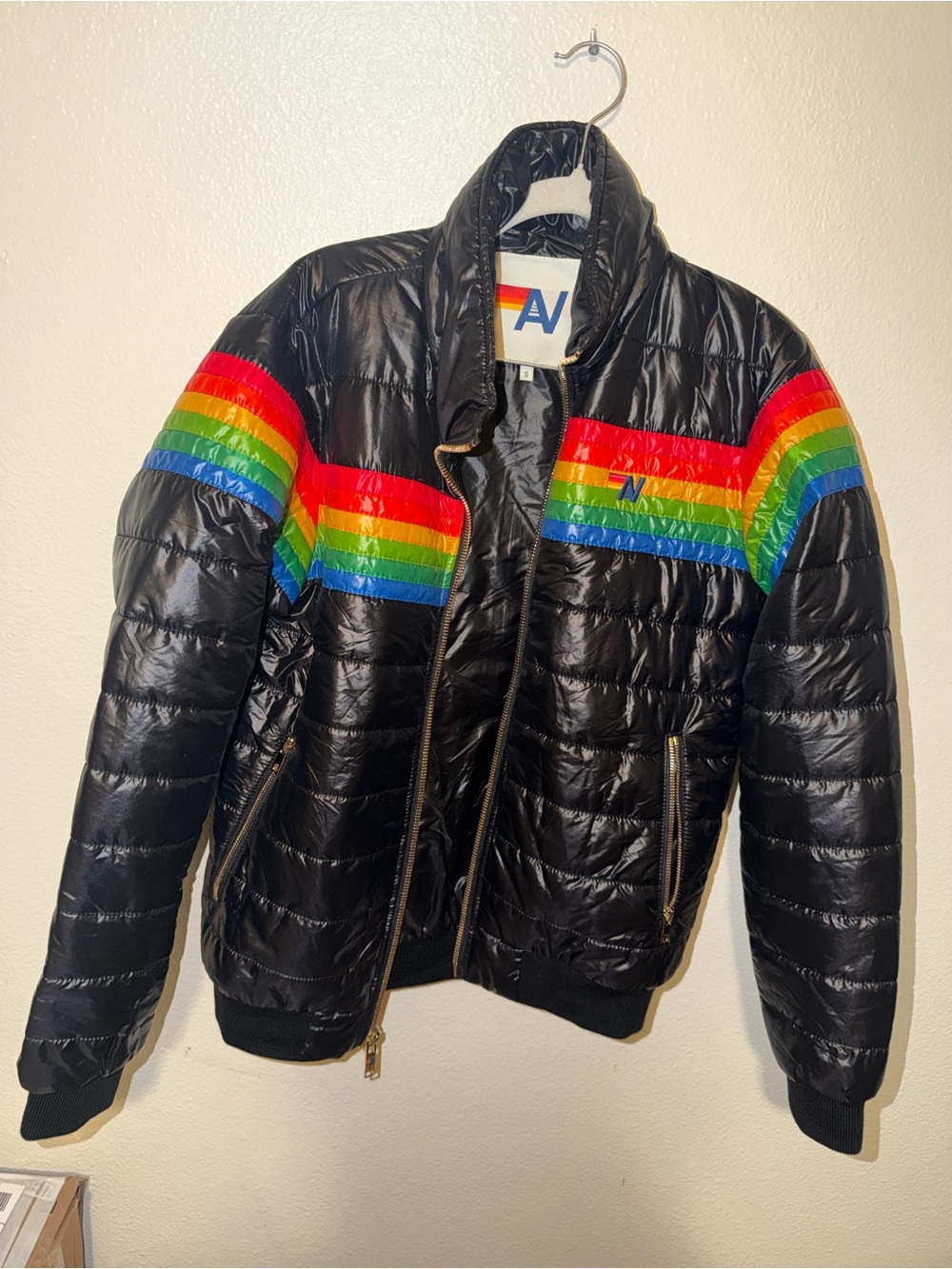 Aviator Nation Black Puffer Bomber with Rainbow Stripes